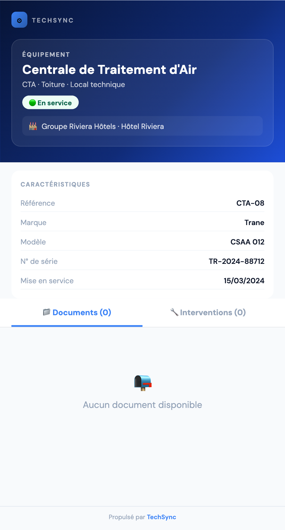 Fiche équipement TechSync ouverte après le scan d'un tag