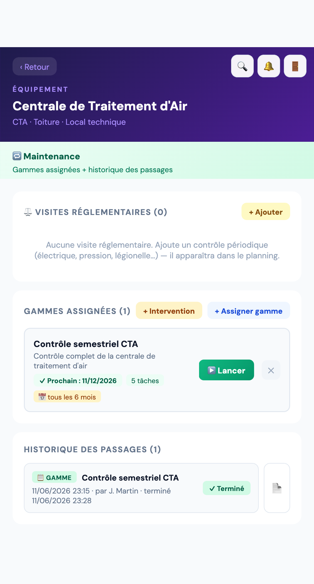 Gammes de maintenance et historique des passages dans TechSync
